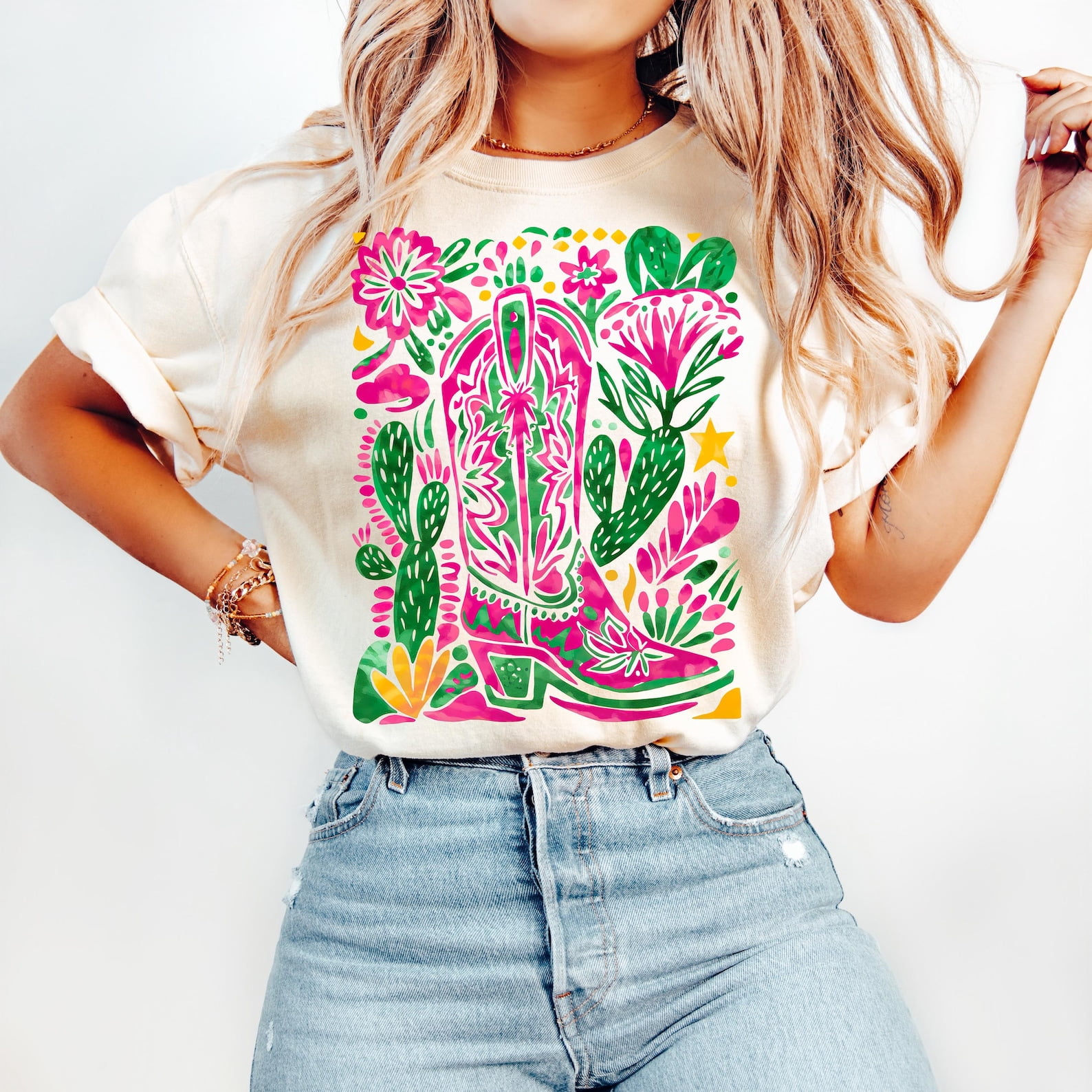 Western Floral Cowboy Boot Shirt, Boho Cowgirl Summer Shirt, Southwestern Cactus Shirt, Preppy Cowgirl TShirt Graphic