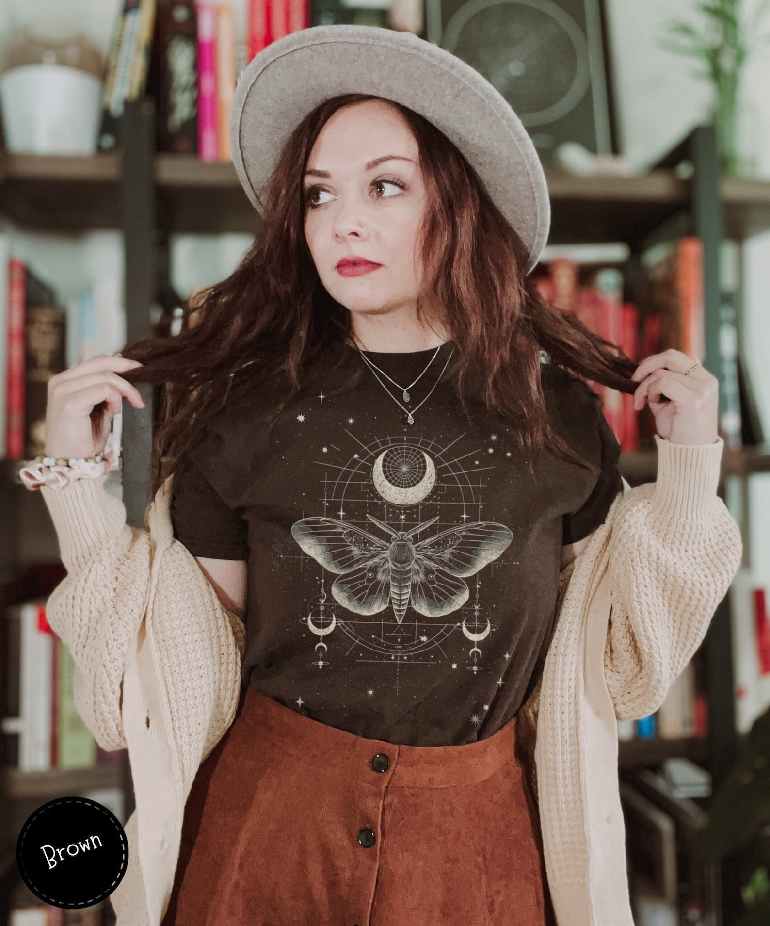 Whimsigoth Moth Shirt, Celestial Boho TShirt, Geometrical Moth Tee, Goth T-Shirt, Whimsical Gift for Her, Moon Phase Tee, Dark Academia