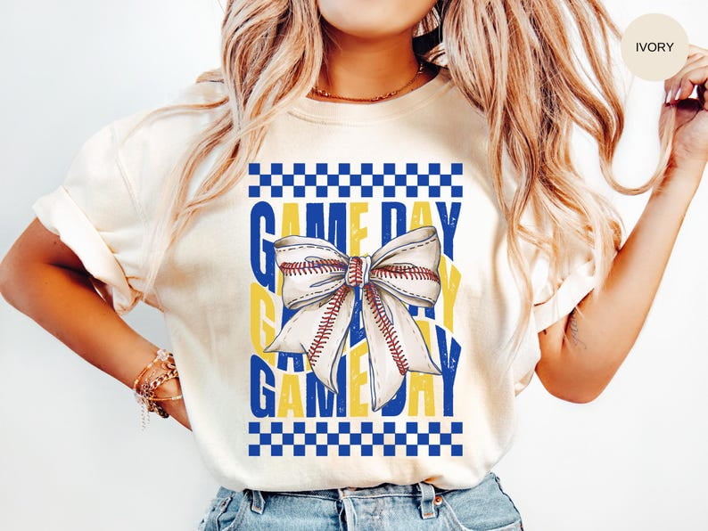 Baseball Shirt, Gameday Royal Blue/Yellow Tshirt, Coquette Bow, Baseball Fan T Shirt, Baseball Mom Mama Gift, Girly T-shirt