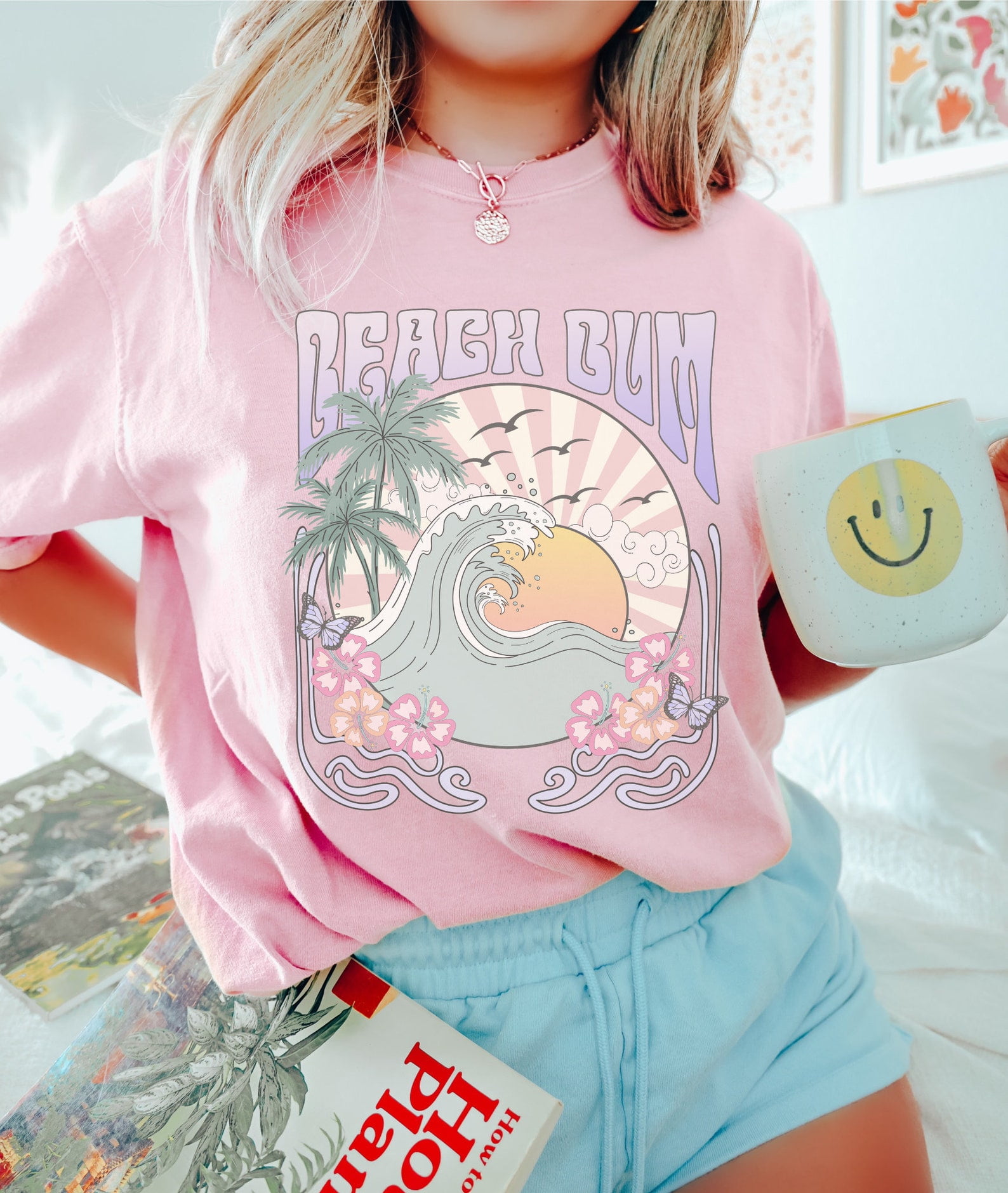 Beach Bum Shirt, Gift For Her, Beach Waves Tee, Preppy TShirt, Retro Beach Happy Vibes Tshirt Summer Sunset Pastel Shirt