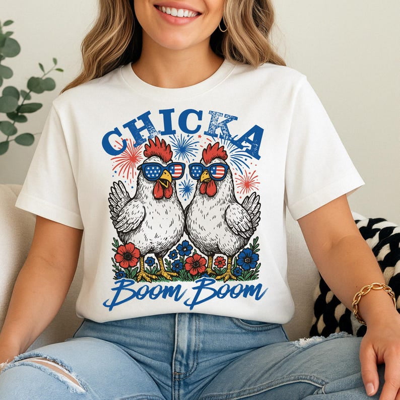 Chicka Boom Boom Shirt, Funny Patriotic Chicken Shirt, 4th of July Humor Retro Farm Vibes Red White and Blue Shirt, Rooster Fireworks USA Shirt