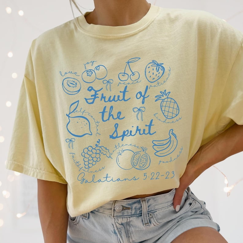Fruit of the Spirit Christian Tshirt, Doodle Bible Verse Shirt, Preppy Oversized Beach Tee, Trendy Farmer's Market Jesus Faith Apparel
