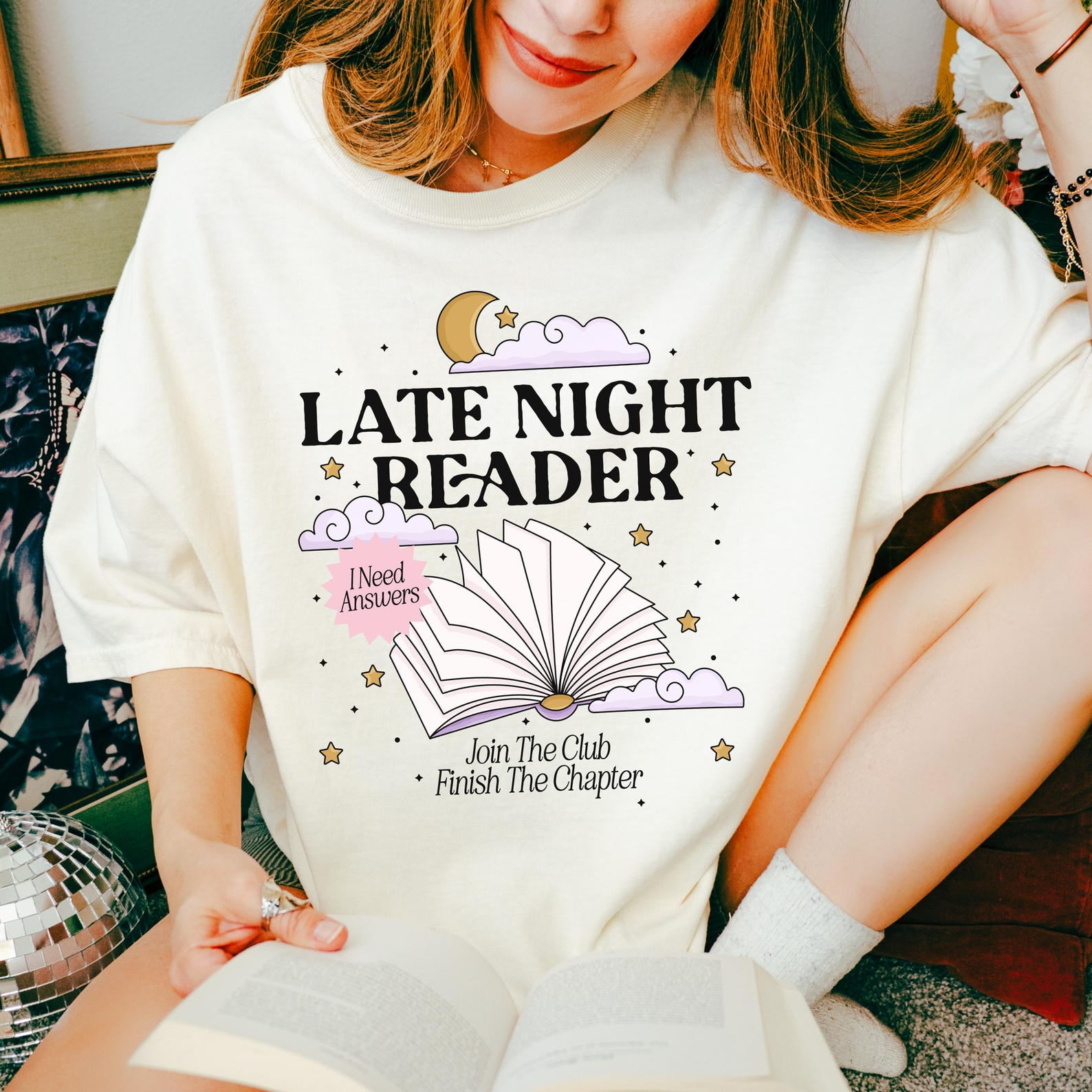 Late Night Reader Bookish Tshirt, One More Chapter Shirt, Whimsical Moon and Book Shirt, Up all night, Bookworm Gifts, Reading Obsessed