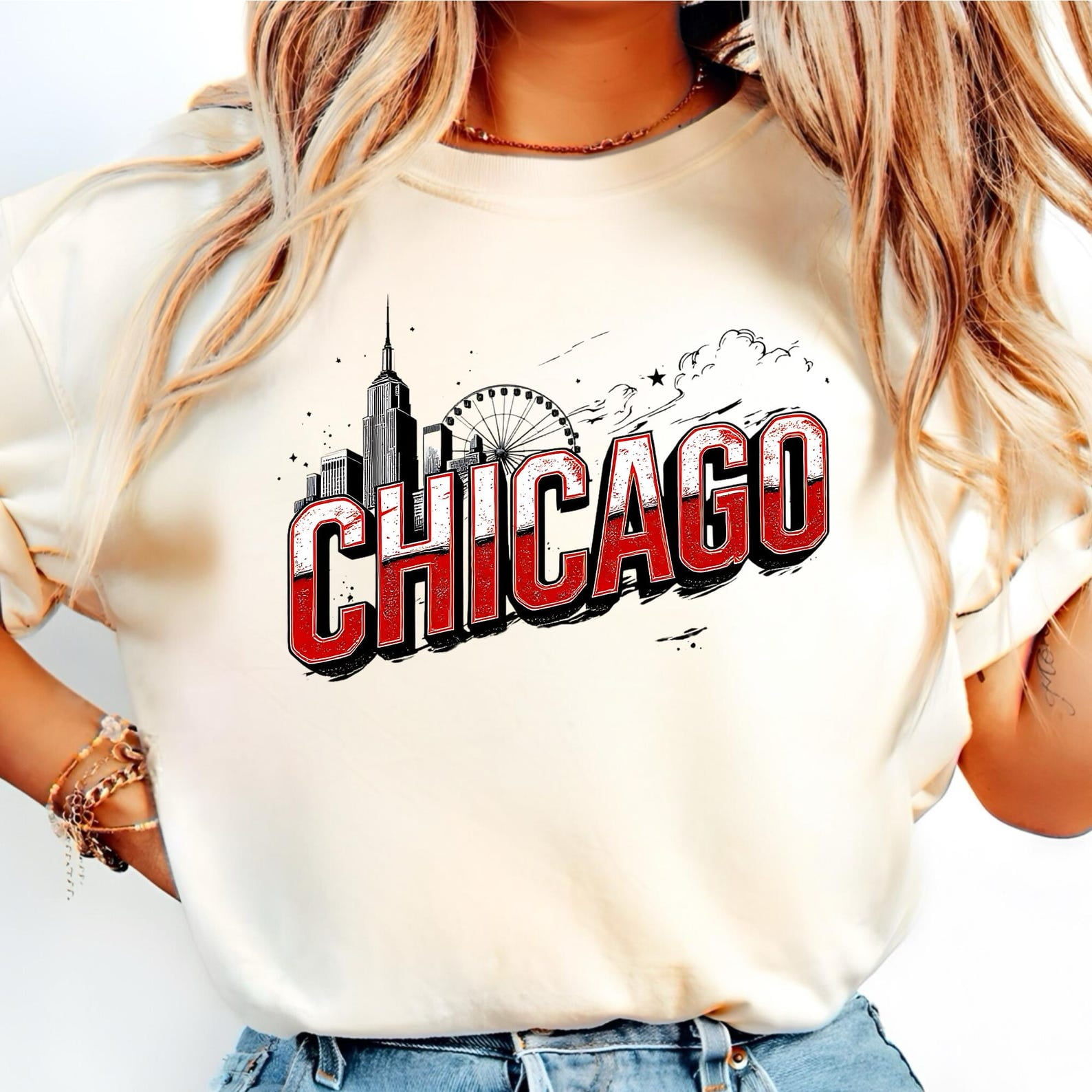 Retro Chicago City Shirt, Chicago Skyline Shirt, Urban Windy City Shirt, Vintage Chicago Typography, Ferris Wheel Cityscape Art