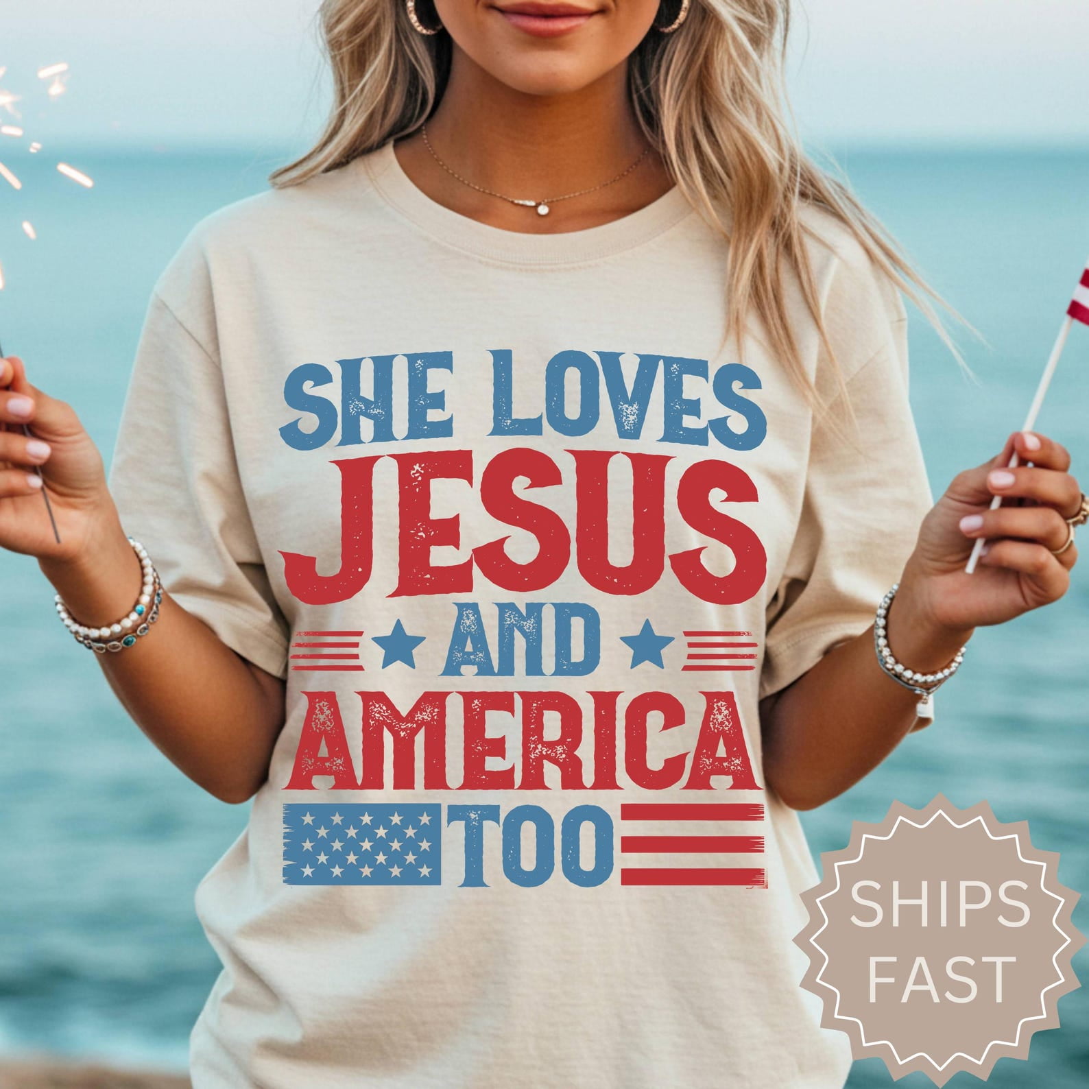 She loves Jesus and America Too Womens Shirts, Fourth of July Retro Christian Gifts, Independence Day Religious Trendy Shirt