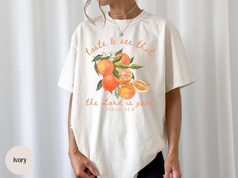 Trendy Christian Orange Fruit Tshirt, Bible Verse Shirt, Preppy Oversized Beach Tee, Trendy Citrus Farmer's Market Jesus Faith Apparel