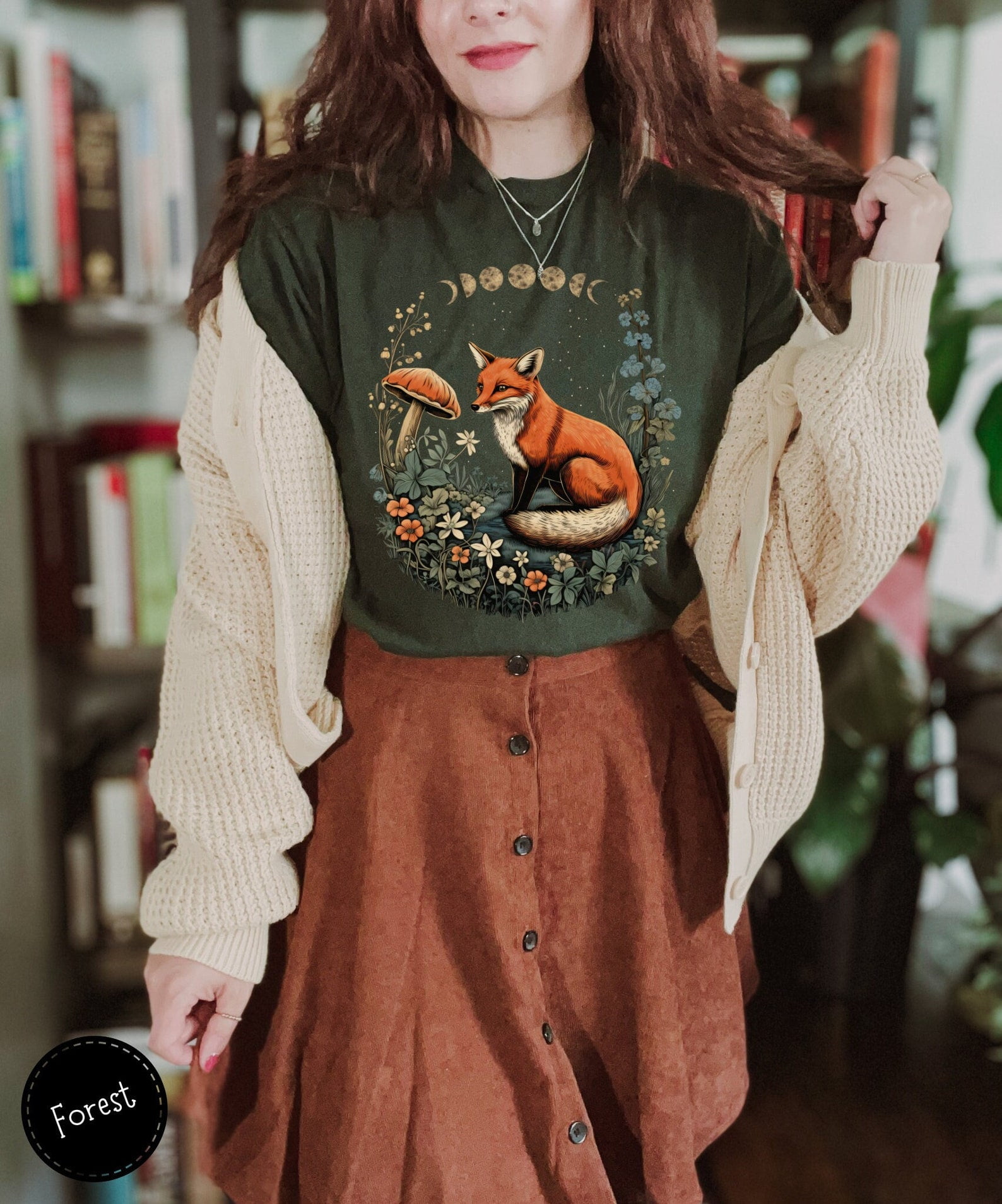 Vintage Fox Moon Phases TShirt, Whimsical Cottagecore Aesthetic Tee, Celestial Whimsigoth T-Shirt, Victorian Illustration Tee