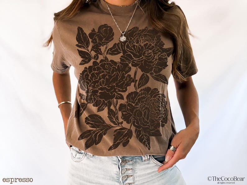 Vintage Linocut Flower Shirt, Block Print Peonies Tshirt, Ranunculus Woodcut Stamp Tee, Cottagecore Boho Botanical Shirt Cotton